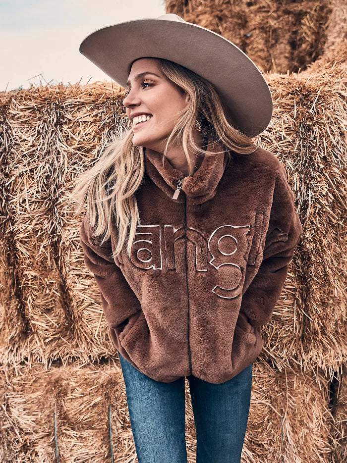 Wrangler Retro Women's Logo Fuzzy Zip Jacket in Teddy Brown