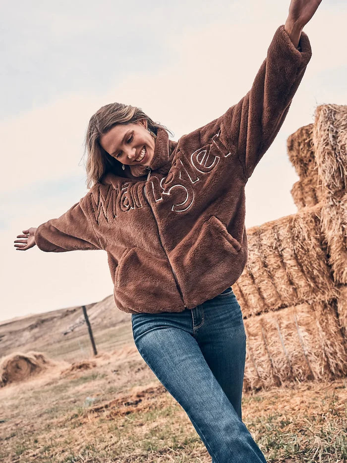 Wrangler Retro Women's Logo Fuzzy Zip Jacket in Teddy Brown