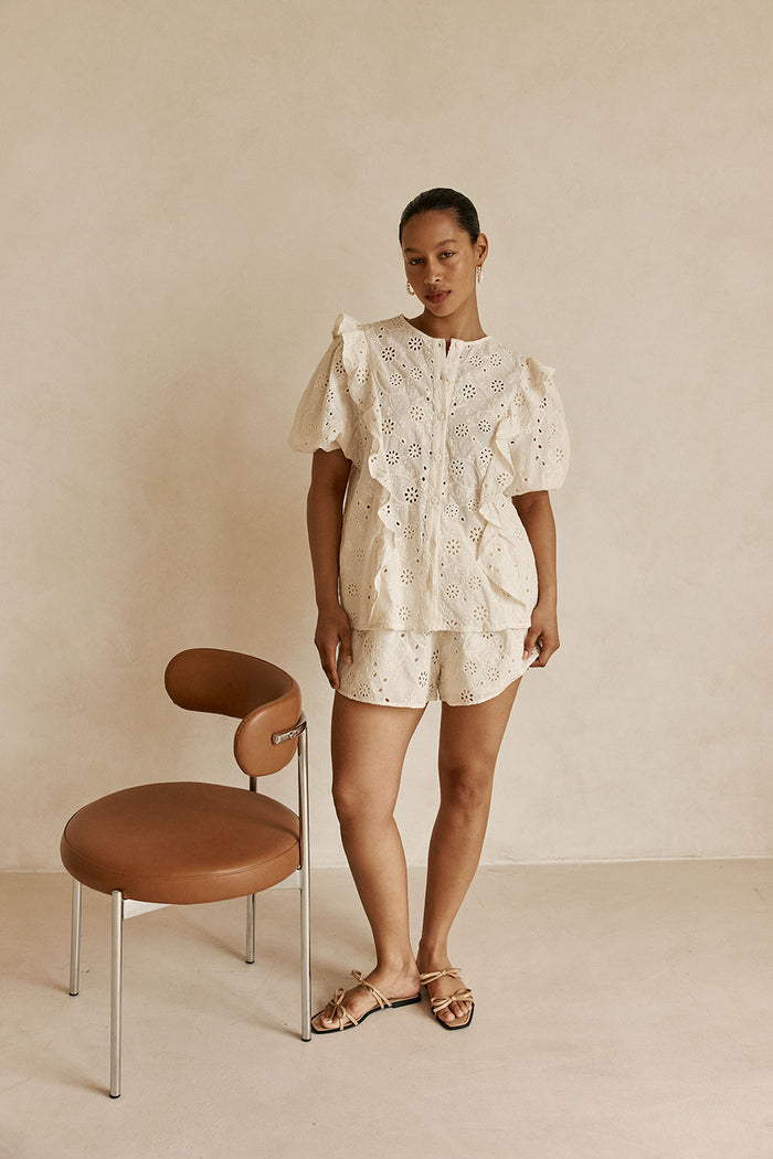 Beige Broderie Ruffle Button Up Wynter Top