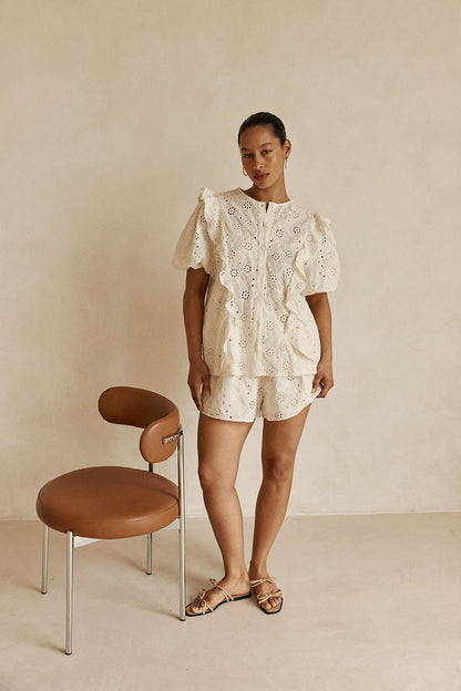 Beige Broderie Ruffle Button Up Wynter Top