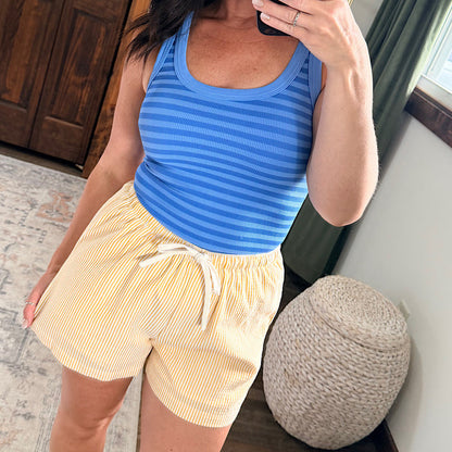 Yellow Casual Striped Drawstring Shorts