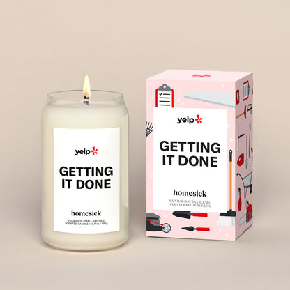 Getting It Done candle and box on a cream background