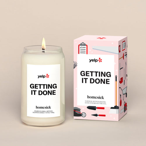 Getting It Done candle and box on a cream background